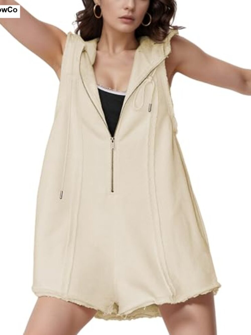 Women's Hooded Half Zip Overalls Shorts Romper Sleeveless Jumpsuit Casual